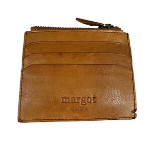 Margot New York Tan Leather Slim Card Case Zipper Bifold Wallet